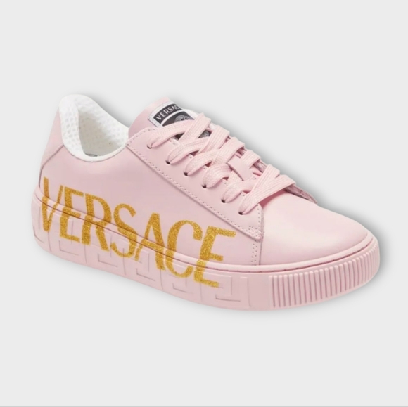 Versace Pink Leather Gold Glitter Logo Medusa Sneakers - Picture 1 of 9